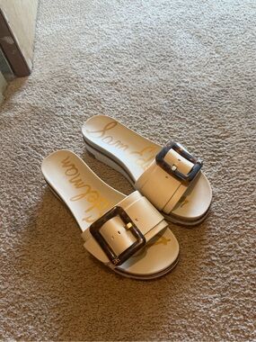 Sam Edelman Cream Slide Sandals with Tortoiseshell Buckle Accent